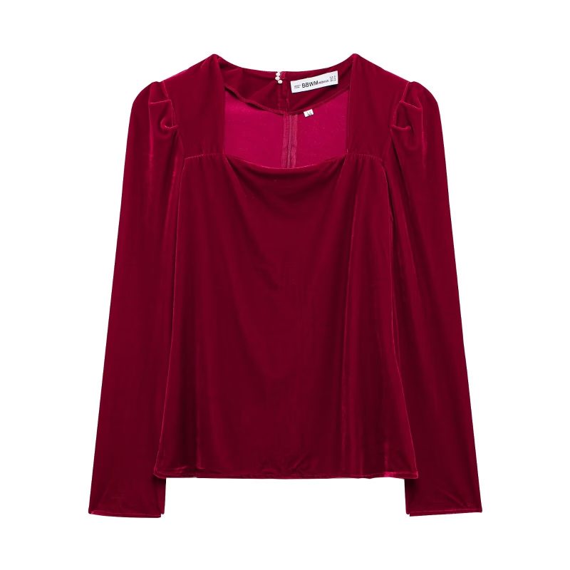 Women’s Autumn Winter Lantern Sleeve Square Collar Top with Pleated Skirt - Image 2