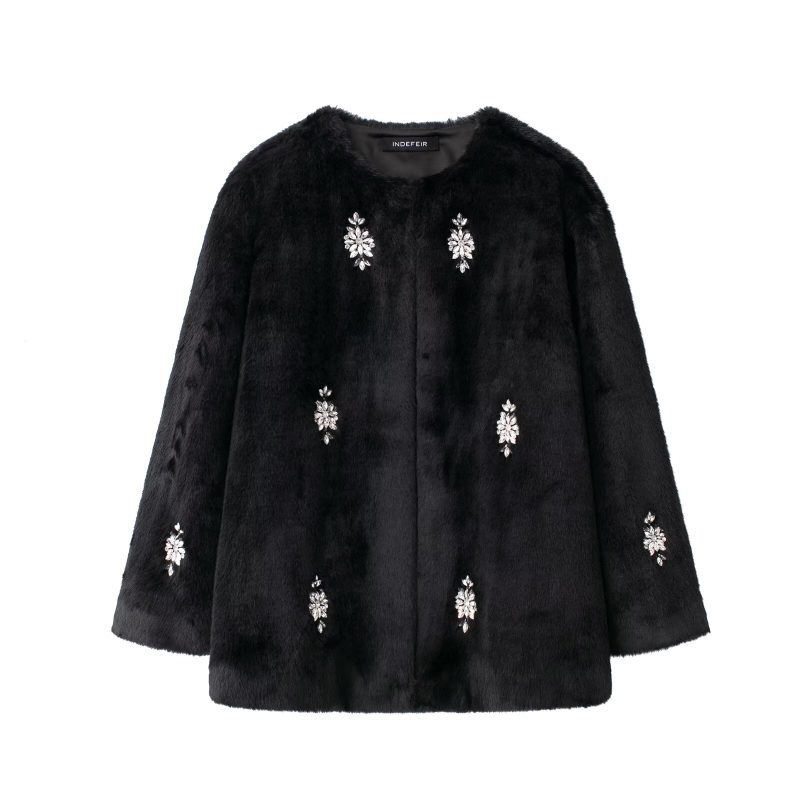 Women’s Autumn Winter Jewelry String Ornament Artificial Fur Overcoat Coat - Image 4