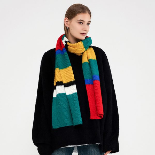 Women’s Contrast Color Knitted Scarf - Winter Korean Patchwork Stripes - Image 4