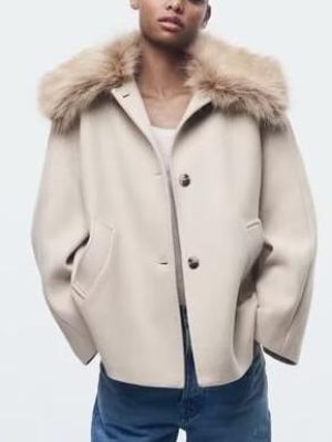 Blended Coat with Detachable Fur Collar for Autumn Winter