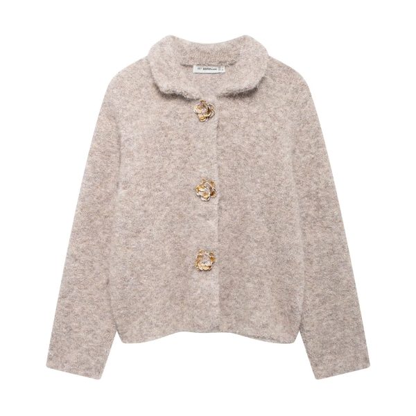 Elegant Autumn Knitted Cardigan with Floral Buttons for Women - Image 3