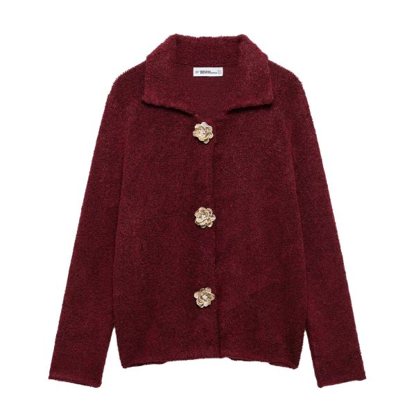 Elegant Autumn Knitted Cardigan with Floral Buttons for Women - Image 4