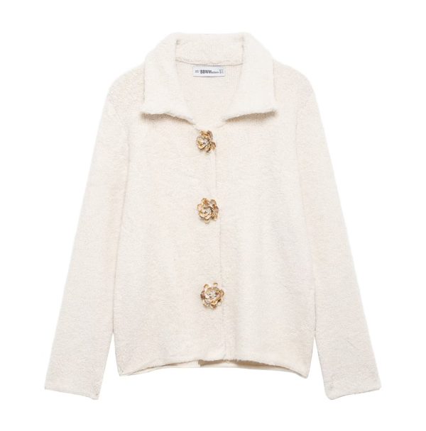 Elegant Autumn Knitted Cardigan with Floral Buttons for Women - Image 5