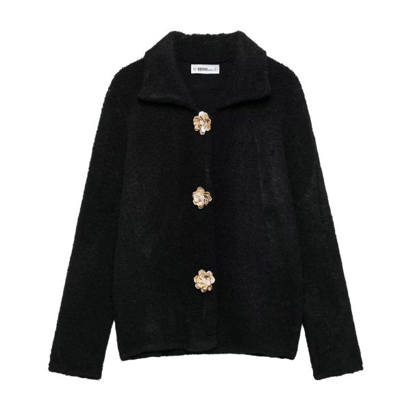 Elegant Autumn Knitted Cardigan with Floral Buttons for Women - Image 6