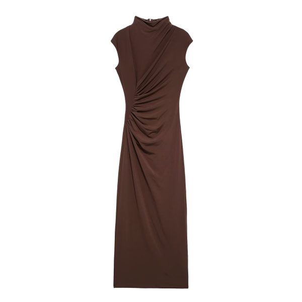 Pleated Sleeveless Half Turtleneck Maxi Dress for Spring - Image 3