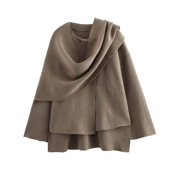 Women’s Asymmetric Scarf Design Short Knitted Coat - Image 4