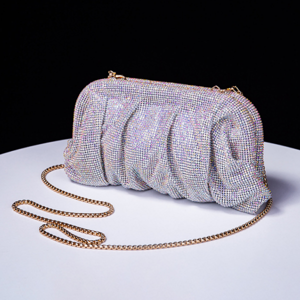 Diamond Studded Pleated Clutch Bag - Rhinestone Dinner Crossbody