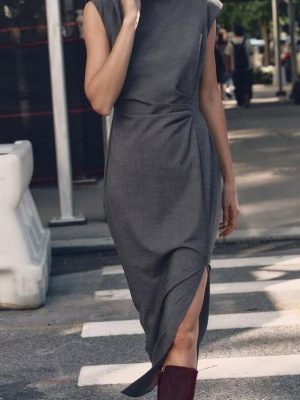 Waist Pleated Sleeveless Midi Dress with Slimming Overknee Fit