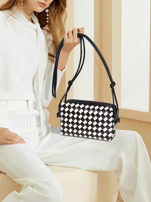 Hand Woven Chessboard Plaid Crossbody Bag Women Black White - Image 2