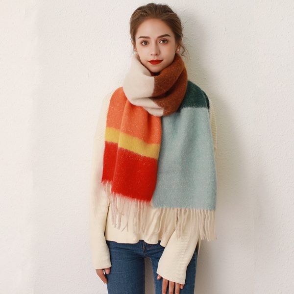 Women’s Contrast Striped Mohair Scarf Thickened Winter Tassel Wrap - Image 2