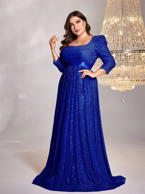 Plus Size Blue Sequin Long Sleeve Evening Cocktail Dress