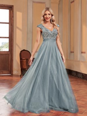 V Neck Sequined Tulle A-Line Floor Length Prom Evening Dress