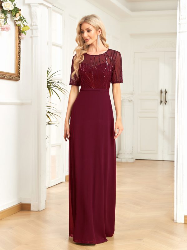 Short Sleeve Sequin Chiffon Fishtail Maxi Dress