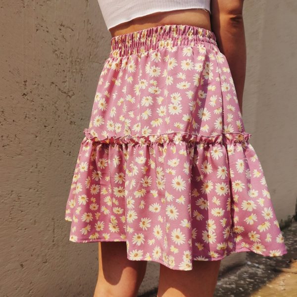 Ladies Floral Daisy Printed Pleated Skirt for Women