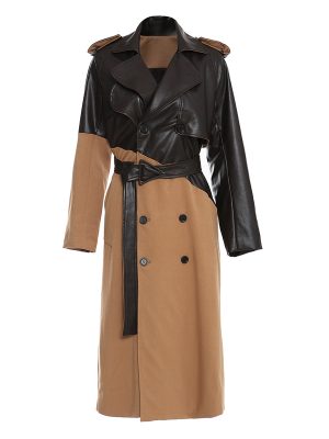 Khaki Mid-Length Leather Stitching Wind Coat