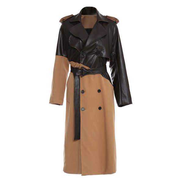 Khaki Mid-Length Leather Stitching Wind Coat