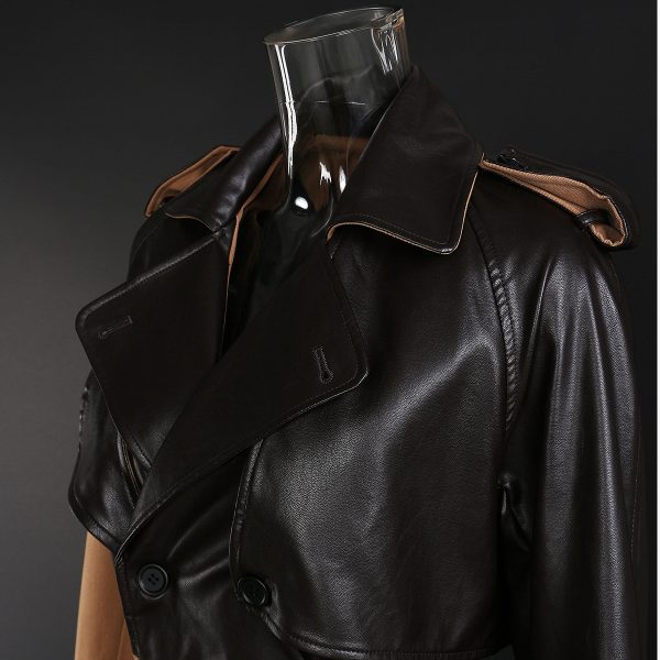 Khaki Mid-Length Leather Stitching Wind Coat - Image 3