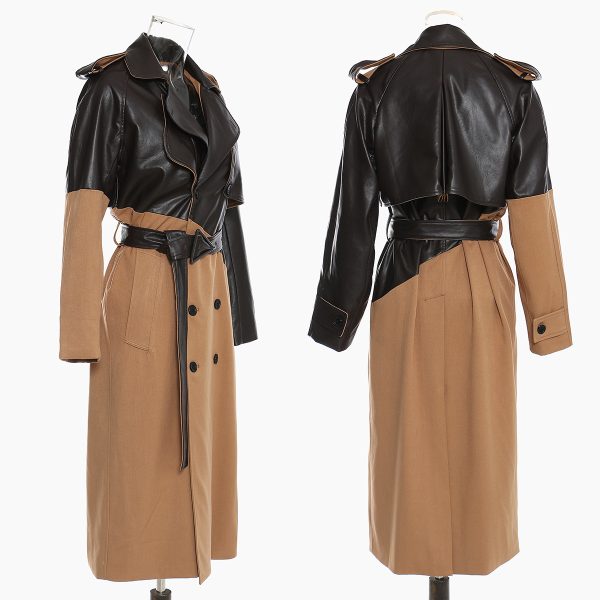 Khaki Mid-Length Leather Stitching Wind Coat - Image 2