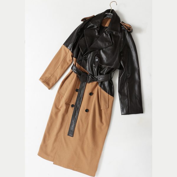 Khaki Mid-Length Leather Stitching Wind Coat - Image 4