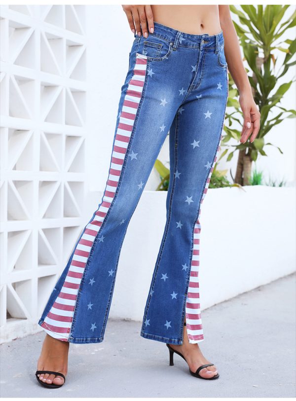 Color Matching Striped Bell-Bottom Jeans Printed Trousers - Image 2