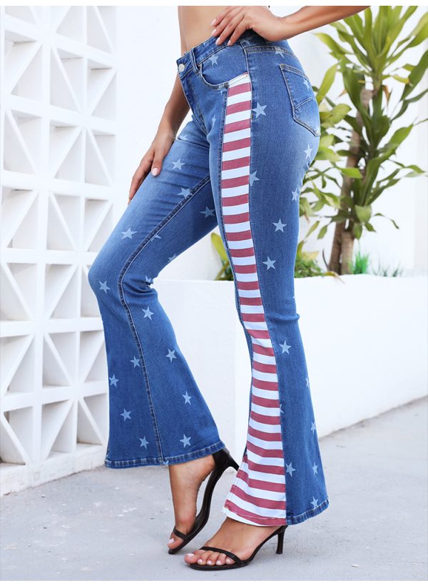 Color Matching Striped Bell-Bottom Jeans Printed Trousers - Image 4