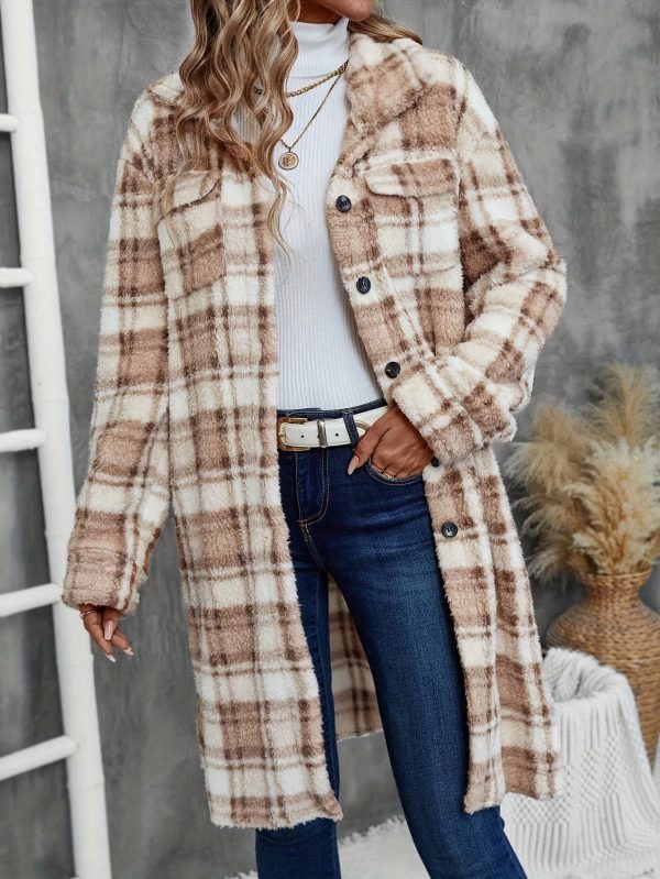 Fall & Winter Printed Plaid Long Double-Sided Plush Cardigan Coat for Women - Image 3