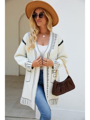 Women’s Mid-Length Jacquard Sweater Coat, Loose Knitted Cardigan