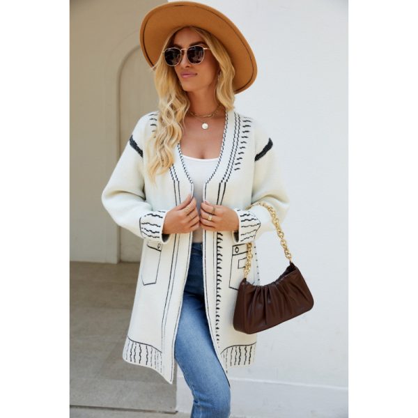 Women’s Mid-Length Jacquard Sweater Coat, Loose Knitted Cardigan