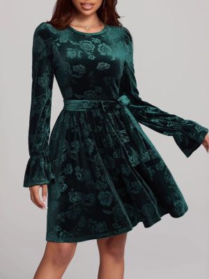 Autumn Winter Long Sleeve Pleuche Dress – Printed Women’s Dress