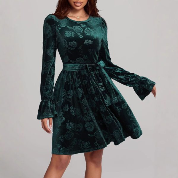 Autumn Winter Long Sleeve Pleuche Dress - Printed Women's Dress