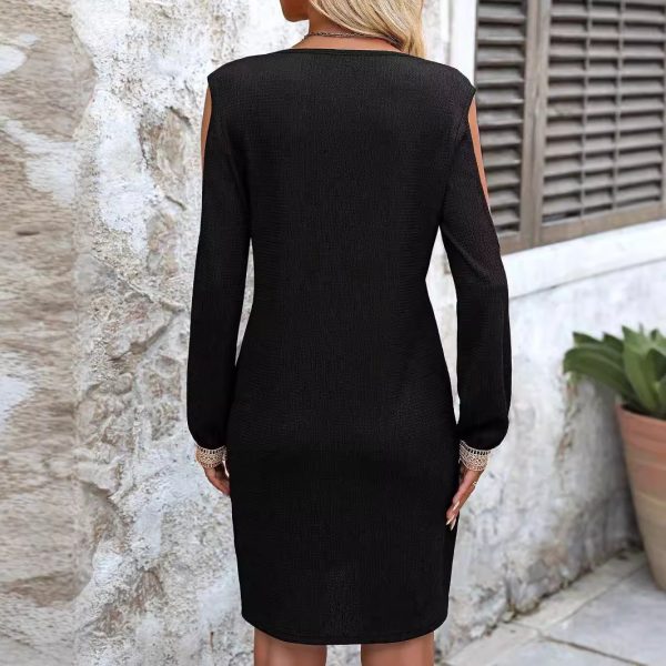 Elegant Solid Color Lace V-Neck Hollow Out Long Sleeve Dress for Autumn/Winter - Image 2