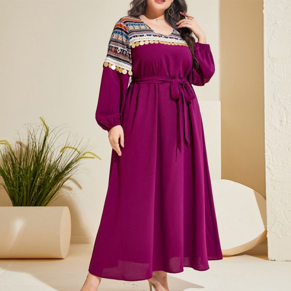 Plus Size Spring Autumn Lace-Up Waist Controlled Maxi Dress