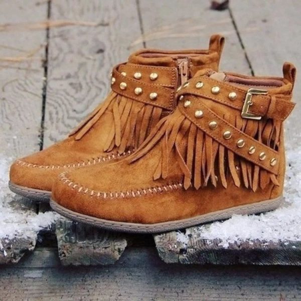 Vintage Suede Tassel Short Boots with Belt Buckle