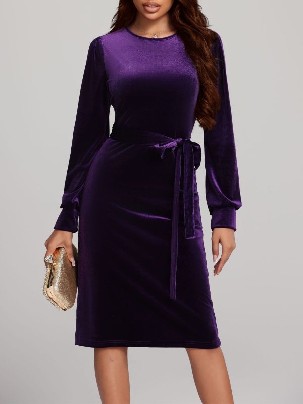 Autumn Winter Velvet Lace-Up Dress - Long Sleeve Waist Controlled - Image 3