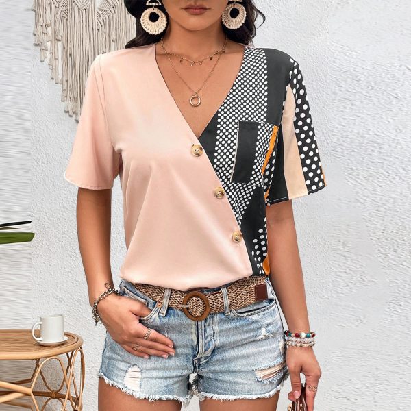 Color Contrast Patchwork V-Neck Slim Fit Shirt Women - Image 2