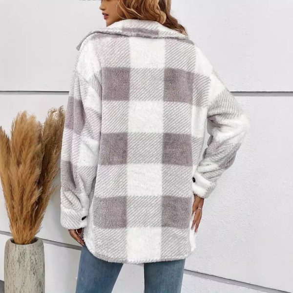 Women’s Color Matching Plaid Button Jacket, Warm Plush Coat - Image 4