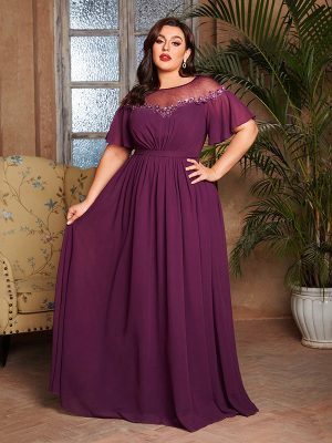 Plus Size Evening Wedding Bridesmaid Dress Round Neck Sequined Party Dress