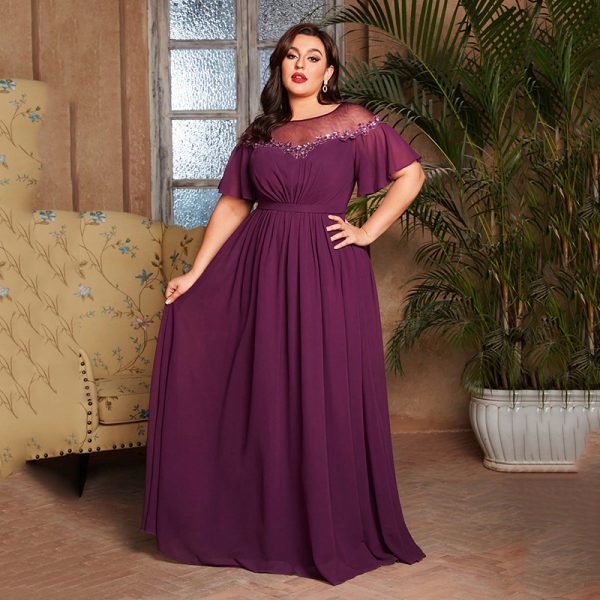 Plus Size Evening Wedding Bridesmaid Dress Round Neck Sequined Party Dress