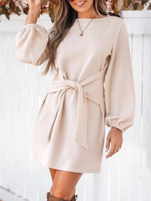 Women’s Autumn Bow Bandage Solid Color Round Neck Dress