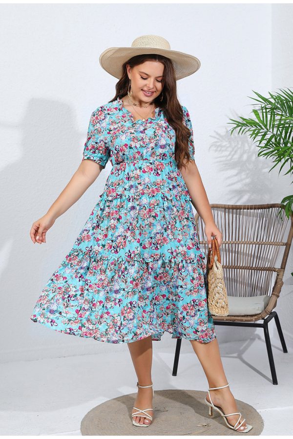 Plus Size Floral Chiffon Midi Dress with Ruffle V-Neck and Elastic Waist - Image 3