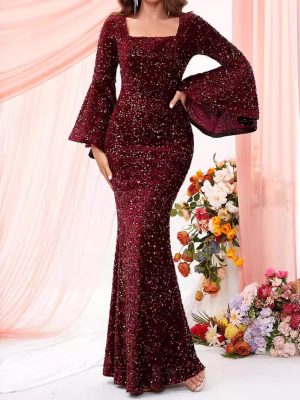 Sexy Square Neck Bell Sleeve Burgundy Dinner Dress