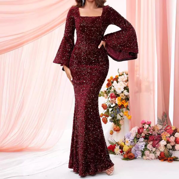 Sexy Square Neck Bell Sleeve Burgundy Dinner Dress