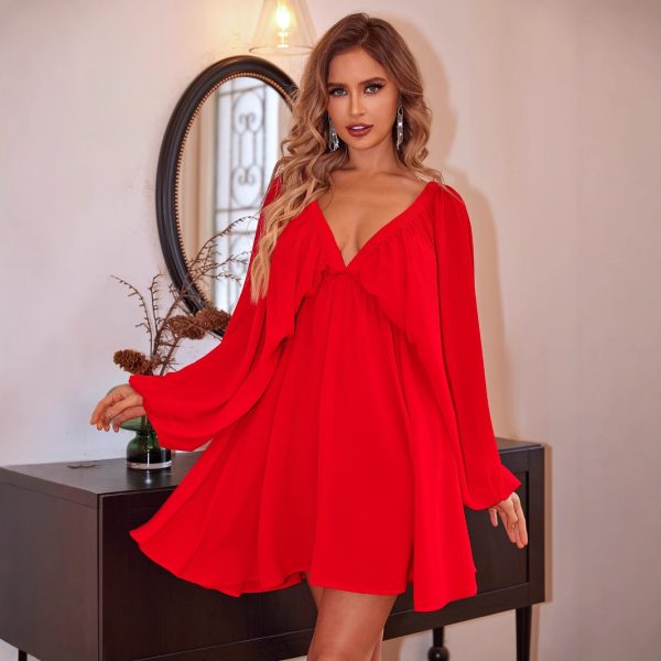 Sexy V-Neck Lantern Sleeve Large Swing Dress - Image 2