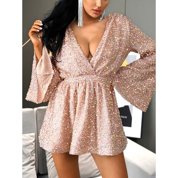 Pink Long Sleeve Backless V-Neck Glitter Dress - Women’s Evening Wear - Image 2