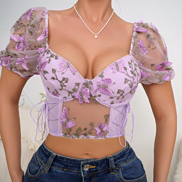 Women's Bubble Sleeve Floral Lace Crop Top with Drawstring - Image 4