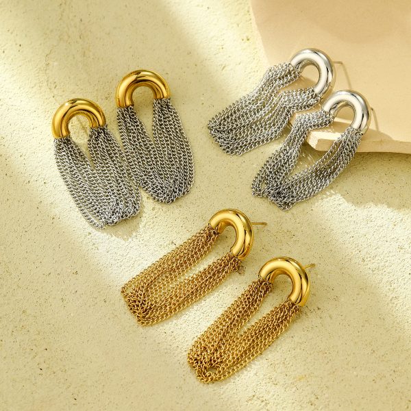 Elegant Curved Chain Long Tassel Titanium Steel Stud Earrings - Image 2