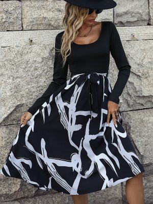 Elegant Long Sleeve Square Collar High Waist Printed Dress