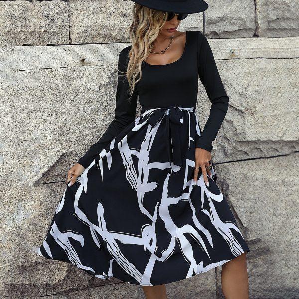 Elegant Long Sleeve Square Collar High Waist Printed Dress