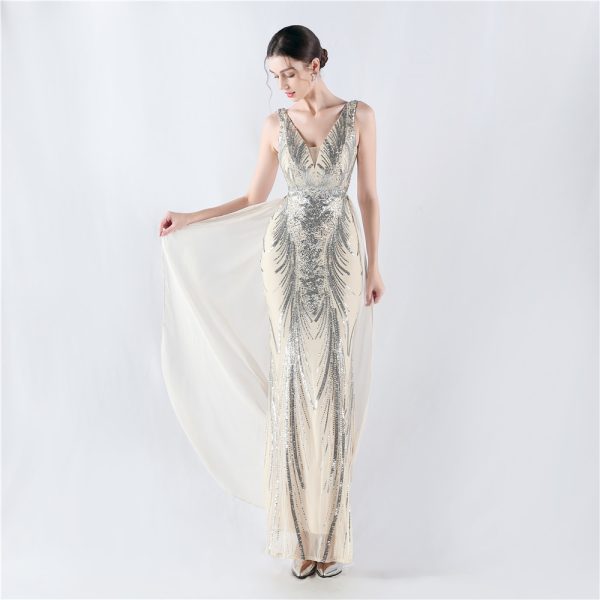 Floral Sequin Beaded Evening Dress with Cloak - Image 2