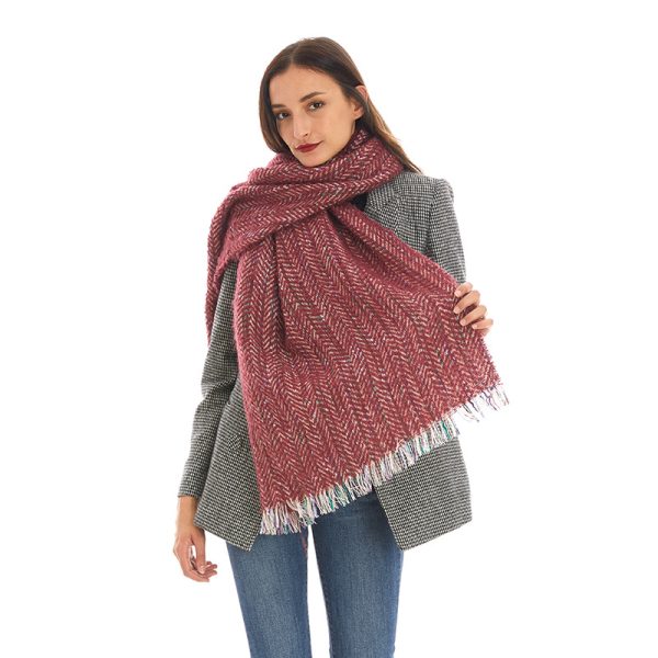 Autumn Winter Herringbone Tassel Shawl - Loose Circle Yarn Scarf - Image 2